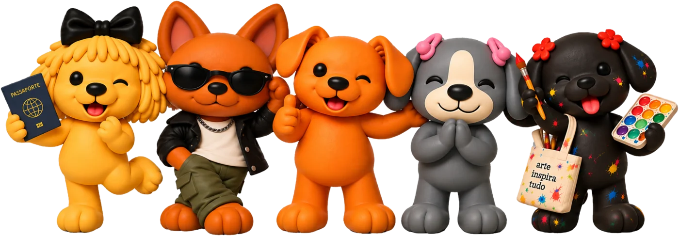 A Turma do Caramelo reunida: Fiapa, Raposinha, Caramelo, Fumacinha e Pretinha